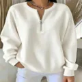 Suéter de mujer con media cremallera y punto de canalé casual holgado manga larga moda - S / Blanco
