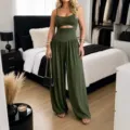 Mono verde con abertura para mujer, pantalón ancho de talle alto casual para vacaciones. - S / Monos / Verde Militar
