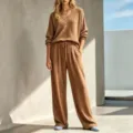 Waffle knit loungewear set featuring long sleeve top and wide leg pants for women. - Camel