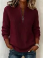 Casual waffle knit pullover sweater for women with half zip up long sleeves top. - S / Burgundy