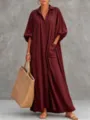 Vestido largo tipo camisa burdeos con cuello solapa, mangas globo, bolsillos grandes y botones. - S / Burdeos