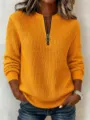 Women's Half-Zip Waffle Knit Sweater Casual Long Sleeve Pullover Autumn Winter Solid Color Top - Gold