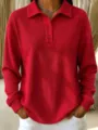 Red waffle knit polo long sleeve top for women, casual loose button lapel fashion apparel. - Red