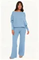 Cozy light blue off-shoulder knit sweater and flare trousers two-piece set for women. - Sky Blue
