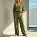 Green waffle knit two-piece lounge set featuring a long sleeve top and wide leg pants. - Army Green