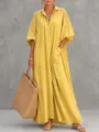 Largo vestido camisero con solapa mangas abullonadas y grandes bolsillos para uso diario. - S / Amarillo