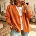 Einfarbiges Waffelstrick Cardigan Detail, Damen lose V-Ausschnitt Strickjacke Oberbekleidung stilvoll. - Orangerot
