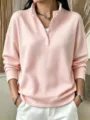 Women pink waffle knit button long sleeve top casual loose henley collar pullover blouse - Pink