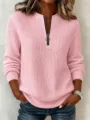 Pink waffle knit sweater for women, casual half-zip long sleeve pullover for autumn winter. - Pink