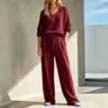 Conjunto de loungewear de punto waffle con top de manga larga y pantalón ancho. - XS / Top y Pantalones / Burdeos