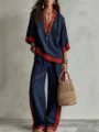 Conjunto casual de lino de otoño europeo con bloques de color top cuello V pantalón - S / Top y Pantalones / Azul marino