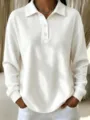 Polo de manga larga de tejido gofrado blanco para mujer camisa casual con botones - S / Blanco