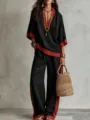 Conjunto de lino casual de dos piezas con color de contraste, top ancho con cuello en V y pantalón. - S / Top y Pantalones / Negro