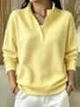 Top Henley de manga larga de punto gofrado para mujer jersey holgado casual de otoño cuello - S / Amarillo