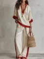 Conjunto de lino dos piezas mujer color contraste top holgado cuello V pantalón ancho - S / Top y Pantalones / Beige