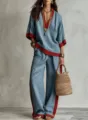 Casual linen two-piece set featuring a loose V-neck top and wide-leg trousers with contrast color. - Teal