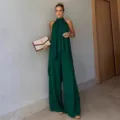Elegant solid color halter sleeveless asymmetric pant set, perfect for summer fashion daily wear. - Dark Green