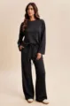 Conjunto Mujer Top Rayas Manga Larga Pantalón Ancho Negro Gris Casual Dos Piezas Set - S / Top y Pantalones / Negro