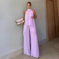 Elegante conjunto asimétrico sin mangas con top halter y pantalones anchos para mujer, verano. - 2XL / Top y Pantalones / Violeta Claro