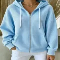 Cardigan con capucha y cremallera de punto gofrado azul claro para mujer, estilo casual. - S / Azul cielo