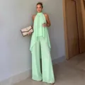 Conjunto de top halter sin mangas irregular y pantalón ancho casual verde claro - XS / Top y Pantalones / Verde claro