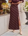 Falda larga de cuadros burdeos con abertura, elegante variante cintura alta A mujer. - XS / Burdeos