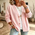 Cárdigan de punto gofrado rosa para mujer, jersey holgado de cuello en V ropa exterior. - S / Rosa