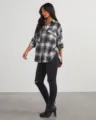 Black and white plaid flannel shirt women long sleeve button down pocket casual top - XS / Black