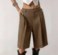 Women brown pleated bermuda shorts high waist casual suit shorts summer chic streetwear - S / Dark Brown
