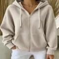 Sudadera casual de mujer de punto gofre con capucha cremallera y bolsillos prácticos. - S / Gris