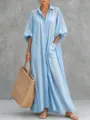 Light blue button down maxi shirt dress with bubble sleeves and large functional pockets. - Sky Blue