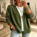 Cardigan verde de mujer de punto wafle cuello en V botones manga larga abrigo casual - S / Verde Militar