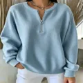 Light blue half-zip ribbed knit sweater women loose drop shoulder casual pullover top. - Sky Blue