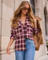 Retro Red Black Plaid Long Sleeve Button Down Shirt Loose Casual Pocket Shacket Top - XS / Red