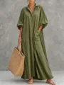 Green long sleeve shirt dress for women, casual button-down midi dress with large pockets. - Army Green