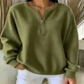 Women's Half-Zip Ribbed Knitted Sweater Loose Drop Shoulder Solid Long Sleeve Pullover - Army Green