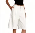Women's white pleated high-waisted suit shorts, casual loose summer five-point trousers. - S / White