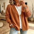 Damen Einfarbig Waffelstrick Cardigan Lässig Lose V-Ausschnitt Langarm Strickjacke Oberbekleidung - Dunkelbraun