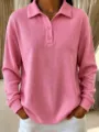 Mujer rosa tejido gofrado camisa polo manga larga casual holgada botones top - S / Rosa