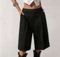 Black high waist tailored suit shorts for women, casual loose fit bermuda shorts summer. - S / Black