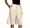 Beige women's casual suit shorts, loose five-point summer commuter chic straight pants. - S / Apricot