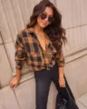 Retro plaid long sleeve button down shirt for women with dual pockets in brown and black. - XS / Yellow