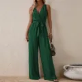 Mono sin mangas con cuello en V cintura alta pierna ancha y cinturón moda mujer elegante. - S / Verde Oscuro