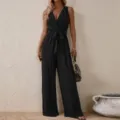 Mono sin mangas elegante con escote en V, cinturón alto y perneras anchas casual. - S / Negro