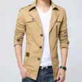Men's khaki casual mid-length trench coat jacket, stylish slim fit outerwear for autumn winter. - M / Khaki