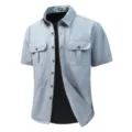 Men's casual short sleeve utility shirt with multiple pockets and lapel collar for summer. - M / Tops / Grey Blue