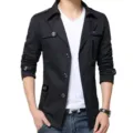 Men's black casual slim fit jacket with stylish lapel and buttons for autumn and winter season. - M / Black