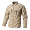 Men's khaki long sleeve tactical cargo shirt casual outdoor button down workwear top - XS / Khaki