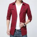 Men's stylish mid-length trench jacket in wine red, slim fit cotton casual outerwear. - M / Burgundy