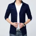 Men's dark blue slim fit casual trench coat jacket, stylish autumn long sleeve outerwear. - M / Navy Blue